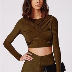 Long Sleeve Slinky Wrap Crop Top Khaki